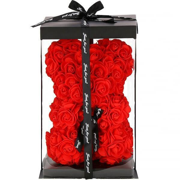 Miś z płatków róż czerwony 25 cm rose bear z kokardką