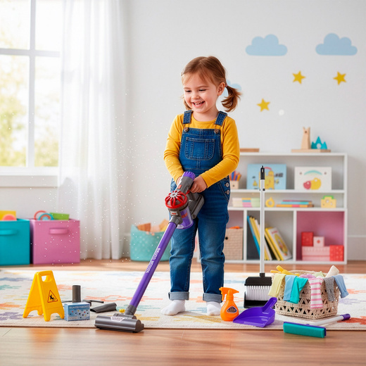 Zestaw sprzątający dla dzieci, zabawka, akcesoria domowe do sprzątania: odkurzacz, miotła