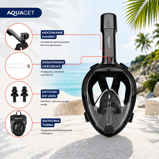 Maska do nurkowania L/XL pełnotwarzowa, z rurką, AntiFog, DryTop do snorkelingu regulowana