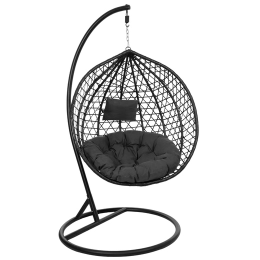 Kokon ogrodowy rattanowy z poduszkami fotel wiszący bujak huśtawka na metalowym stelażu czarna