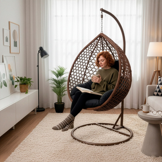 Kokon ogrodowy rattanowy z poduszkami fotel wiszący bujak huśtawka na metalowym stelażu brązowa