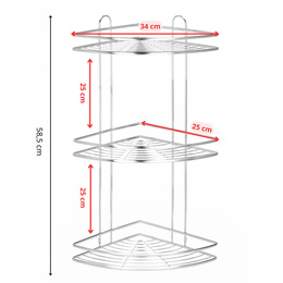 Półka łazienkowa narożna pod prysznic 3 poziomy, wisząca, srebrna