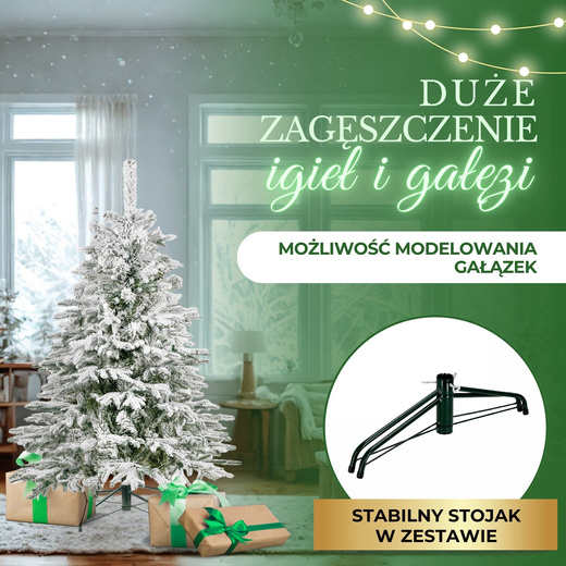 Choinka sztuczna 150 cm świerk kaukaski ośnieżony jak żywy, nowoczesny, ze stojakiem