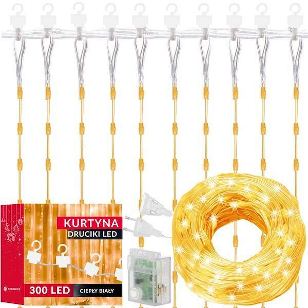 Kurtyna świetlna 300 led girlanda, lampki wewnętrzno-zewnętrzne sople biały ciepły + flash