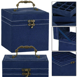Szkatułka na biżuterię ekoskóra 12x12x12 cm granatowy, welurowy organizer z przegródkami