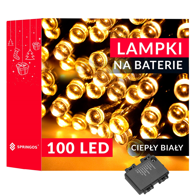 Lampki choinkowe 100 Led na baterie ciepły biały z programatorem