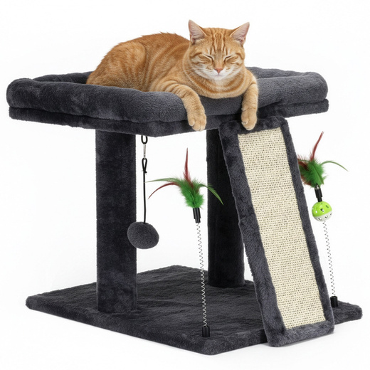 Drapak dla kota, dwa poziomy, legowisko z drabinką i sizalem do drapania, grafitowy