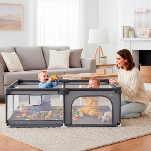 Kojec dla dzieci, zamykany 180x150x66 cm składany, turystyczny, szary