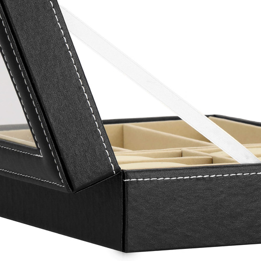 Szkatułka na zegarki 30x20x8cm czarno-kremowy, ekoskóra organizer z przegródkami i lusterkiem