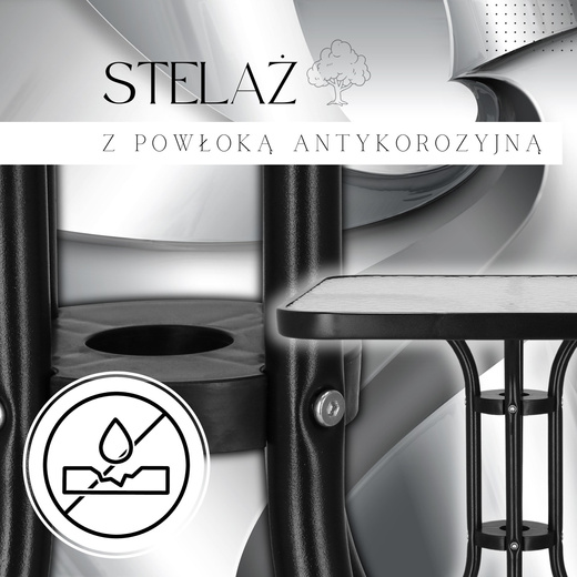 Meble tarasowe stolik kawowy ze szkła hartowanego, krzesła metalowe 4 szt. czarno-szare