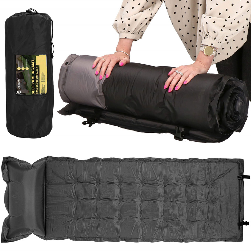 Mata samopompująca 180 cm z poduszką mata turystyczna biwakowa z pokrowcem szaro-czarna