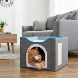 Legowisko dla kota z zabawką i drapakiem 42x41x34 cm koci domek, posłanie szare