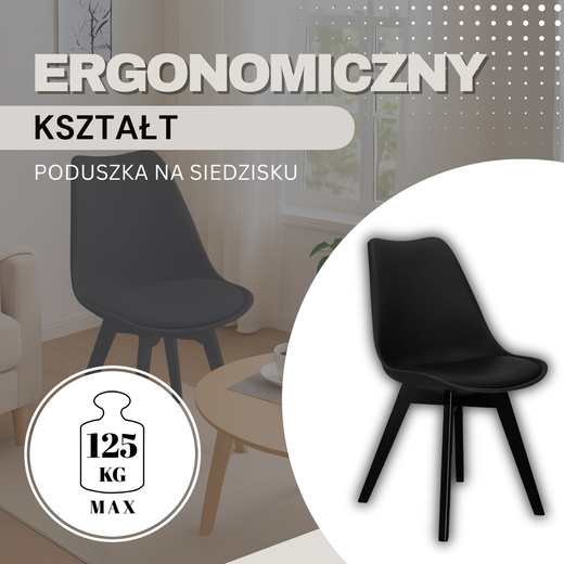 Krzesła skandynawskie 4 szt. do kuchni salonu jadalni Verde z poduszką czarne 