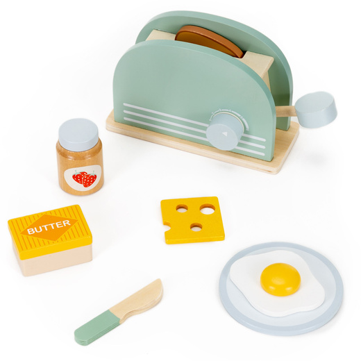 Toster zabawka drewniana dla dzieci, jajko, tost zestaw śniadaniowy 9 el. multikolor