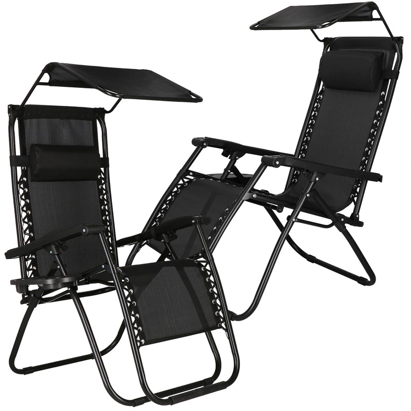 Leżak ogrodowy grawitacyjny z daszkiem czarny zestaw 2 szt