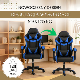 Fotel gamingowy, biurowy z regulacją nachylenia oparcia, krzesło obrotowe dla gracza, ekoskóra, czarno-niebieski