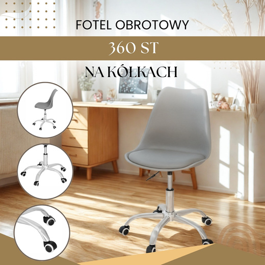 Fotel biurowy, obrotowy z regulacją wysokości, krzesło do komputera na kółkach, szare