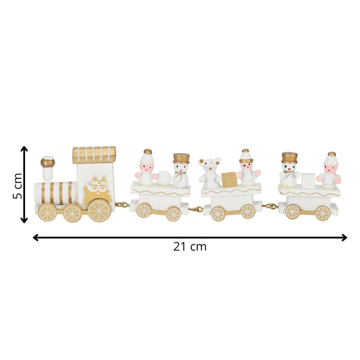Drewniany pociąg z wagonikami, dekoracja, ozdoba świąteczna, wystrój wnętrz biało-złoty
