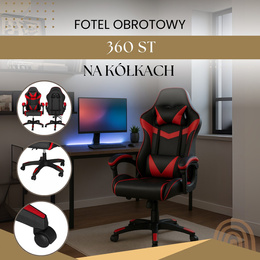 Fotel gamingowy, biurowy z regulacją nachylenia oparcia, krzesło obrotowe dla gracza, ekoskóra, czarno-czerwony