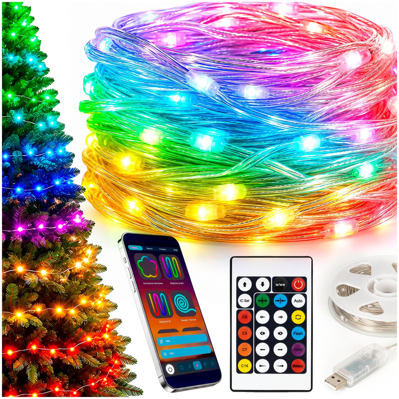 Lampki świąteczne, choinkowe Smart LED 5 m 50 diod pilot, sterowanie Bluetooth, zewnętrzne IP44 funkcja zmiany kolorów, multikolor