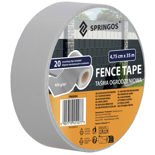 Taśma ogrodzeniowa z zestawem klipsów mocujących 20 szt. PVC 35 m x 4,75 cm 450 g/m2 szara