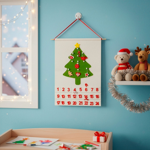 Kalendarz adwentowy, wiszący z 24 przegródkami Choinka, dekoracja świąteczna, filc, multikolor