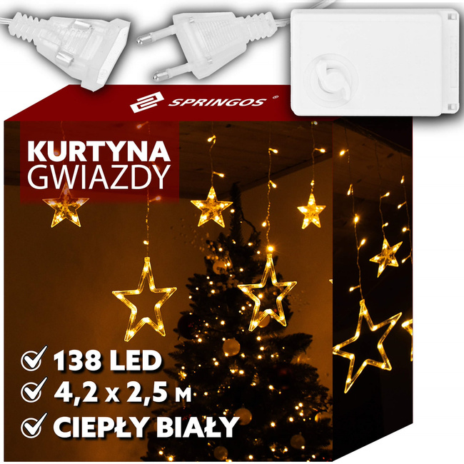 Kurtyna świetlna 138 Led girlanda gwiazdki, lampki wewnętrzne sople ciepły biały