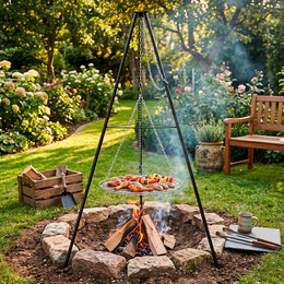 Grill ogrodowy, wiszący na stojaku z regulacją wysokości, ruszt 50 cm