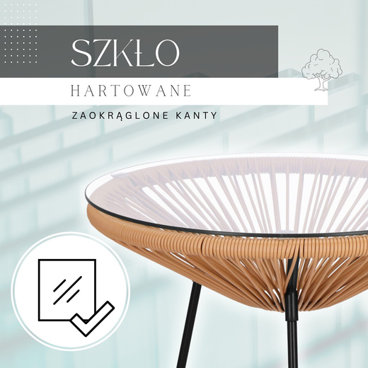 Zestaw mebli rattanowych 2 fotele ażurowe i okrągły stolik ze szklanym blatem beżowy