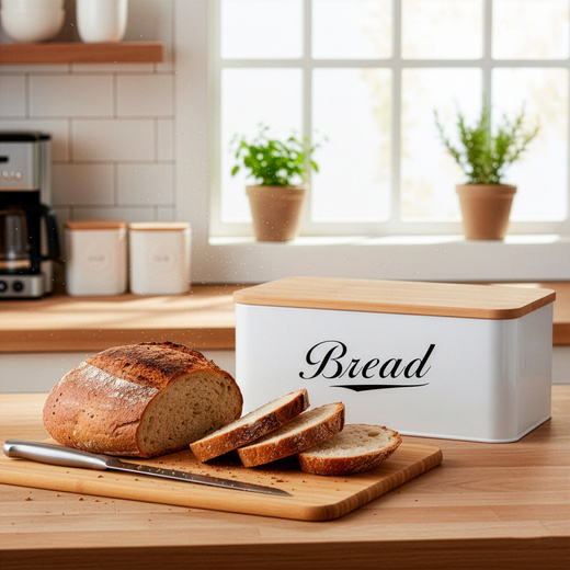 Chlebak metalowy, zamykany z bambusową deską, pojemnik na pieczywo, biały