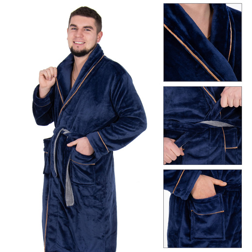 Szlafrok męski z polaru rozm. L/XL z paskiem granatowy