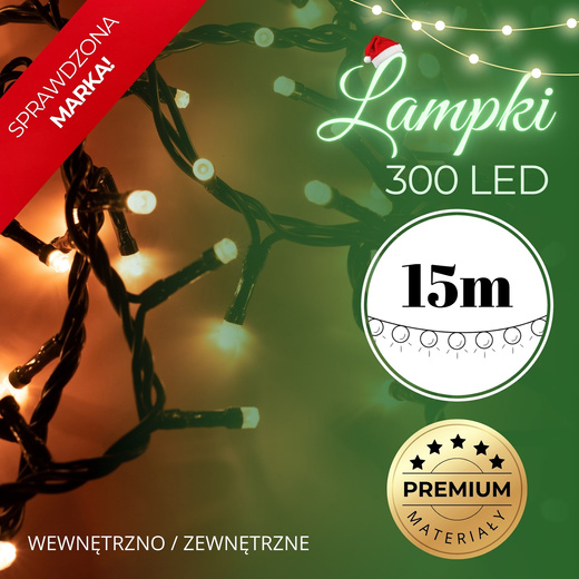 Lampki choinkowe 300 led biały ciepły 15m oświetlenie świąteczne IP44