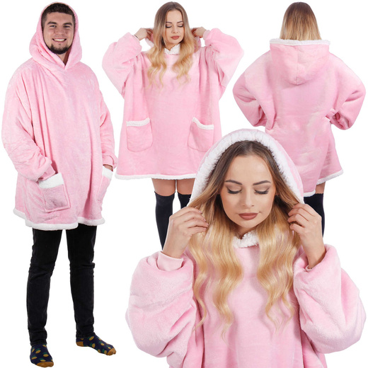 Kocobluza damska oversize koc bluza 2w1 z kapturem ciepła różowa