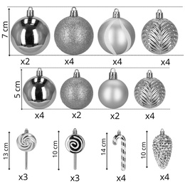 Bombki choinkowe 40 szt. ozdoby kule, lizaki, szyszki, laski cukrowe nietłukące srebrne