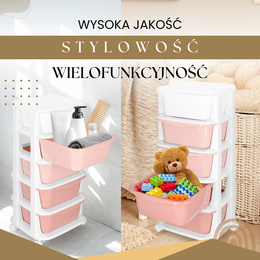 Regał mobilny z 5 szufladami szafka na kółkach na zabawki różowo-biała