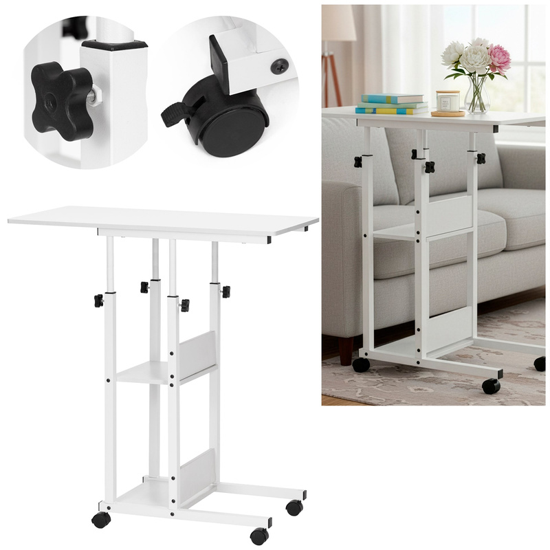 Stolik na kółkach regulowany 76-86 cm biurko mobilne pod laptopa biały