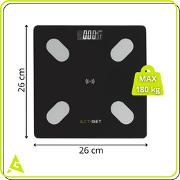 Waga łazienkowa, elektroniczna 180 kg szkło hartowane, LCD, z bluetooth, aplikacją czarna