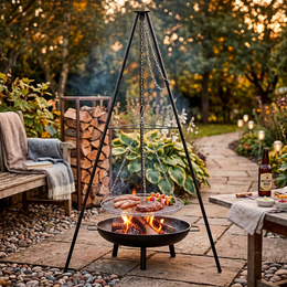 Grill ogniskowy, wiszący na stojaku z regulacją wysokości, palenisko, ruszt 50 cm