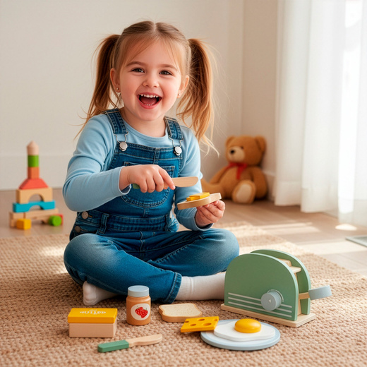 Toster zabawka drewniana dla dzieci, jajko, tost zestaw śniadaniowy 9 el. multikolor