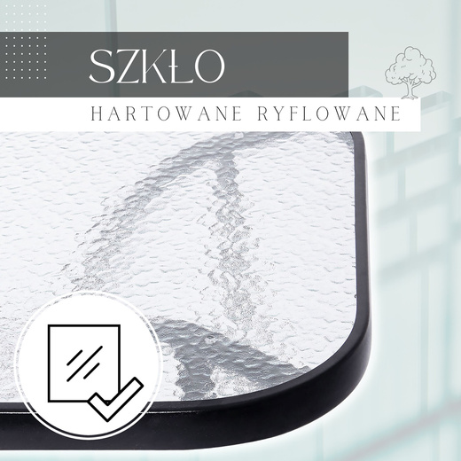 Meble ogrodowe zestaw na taras dla 6 osób: stół z bezbarwnym szklanym blatem i 6 krzeseł metalowe, czarno-szary