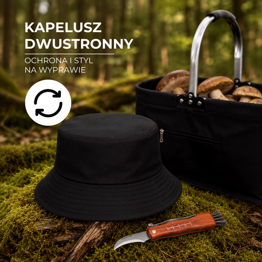 Zestaw akcesoriów grzybiarza: kosz na grzyby, nóż, miotełka, kapelusz do lasu, czarny