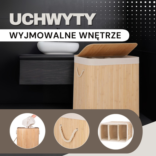 Kosz na pranie 150l z pokrywą bambusowy, trzykomorowy brązowy