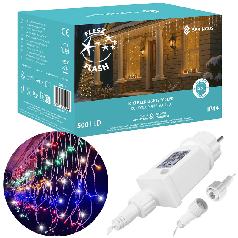 Kurtyna świetlna 500 led girlanda, lampki wewnętrzno-zewnętrzne sople multikolor z zimnym białym flash
