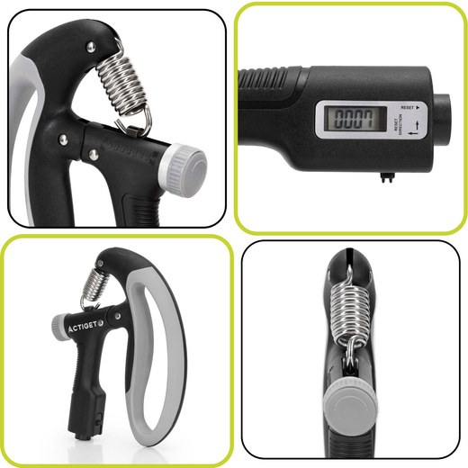 Ściskacz do rąk z regulacją oporu 10-100 kg licznik ruchu, do ćwiczeń dłoni, rehabilitacji szaro-czarny