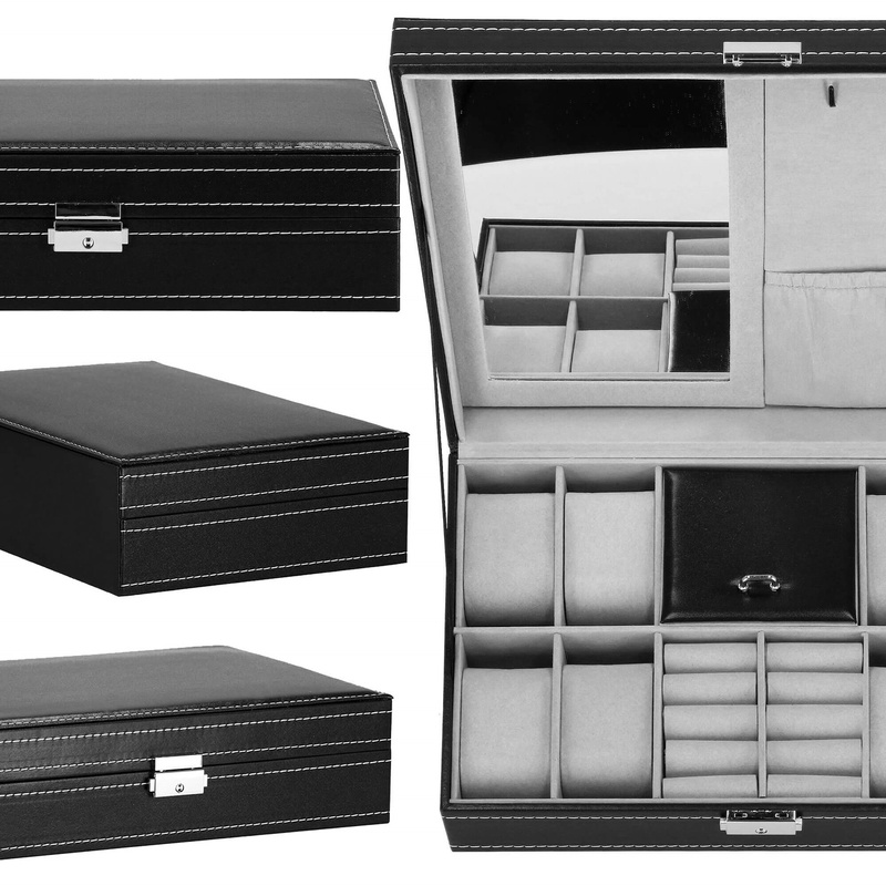Szkatułka na zegarki 33x20x9cm czarny, ekoskóra organizer z przegródkami i lusterkiem