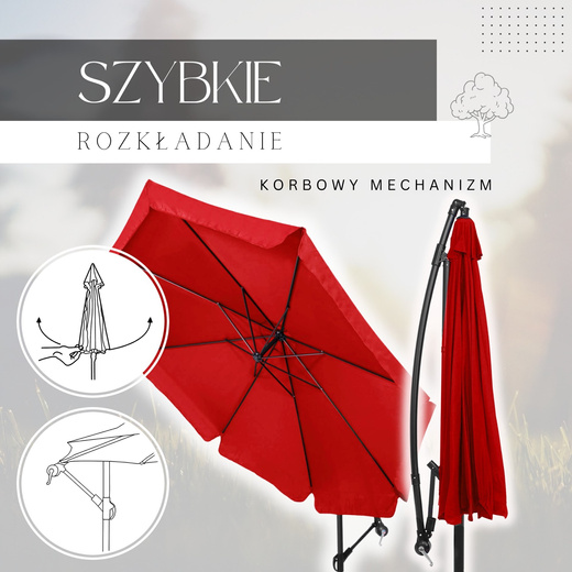 Parasol ogrodowy na wysięgniku 350 cm składany z pokrowcem, na balkon, taras czerwony