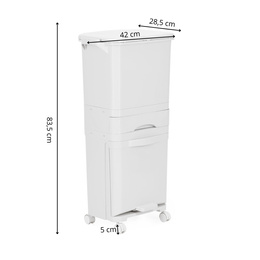 Kosz na śmieci, trzykomorowy 42 l do segregacji odpadów, na kółkach, biały