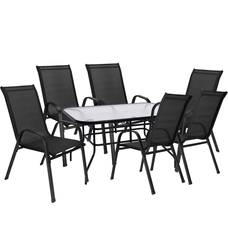 Meble ogrodowe metalowe zestaw stół szklany 120 cm i 6 krzeseł na taras balkon czarne