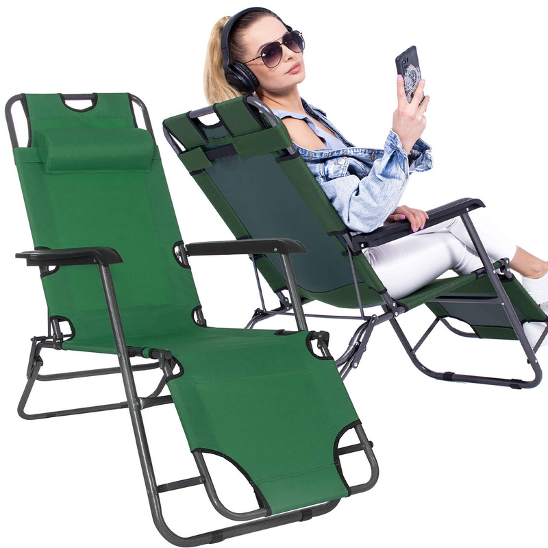 Leżak ogrodowy z zagłówkiem metalowy leżak regulowany zielony