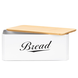 Chlebak metalowy, zamykany z bambusową deską, pojemnik na pieczywo, biały